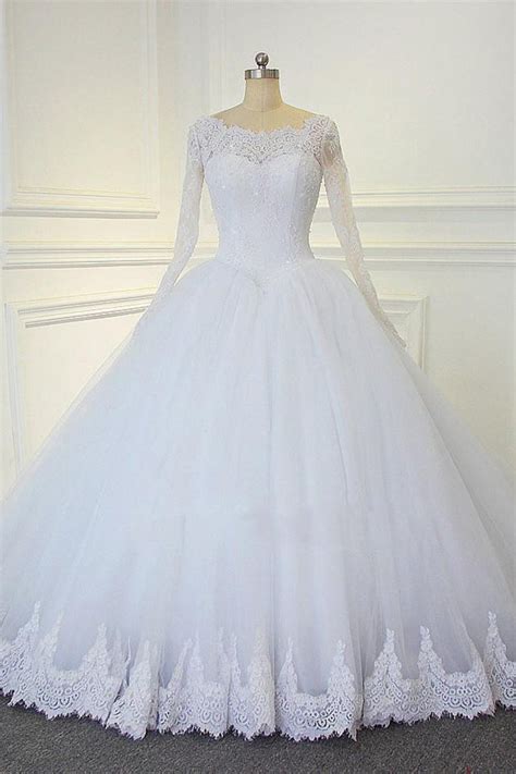 white ball gown long sleeves bridal dresses with lace gorgeous wedding dresses n1309