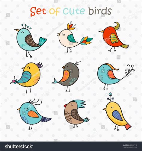 Set Of 9 Cute Birds In Vector Colorful Birds Doodle Collection Bird