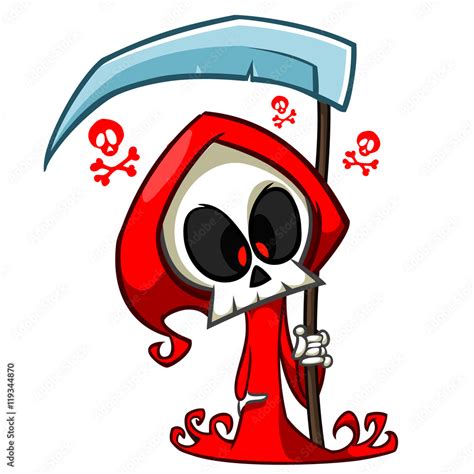 Vector Cartoon Illustration Of Spooky Halloween Death With Scythe Skeleton Character Mascot
