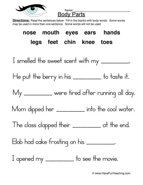 Body Parts Fill In The Blanks Worksheet By Teach Simple