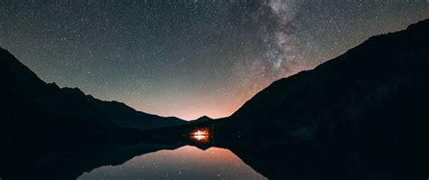 Download Wallpaper 2560x1080 Starry Sky Stars Milky Way Night Lake