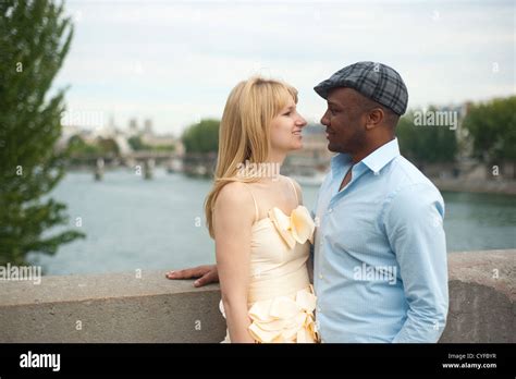 Paris France American Mixed Race Young Couple Standing On Abridge