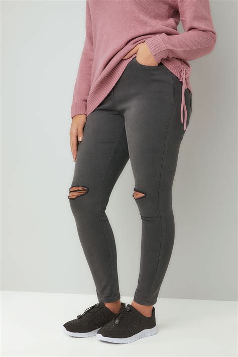 Grey Ripped Knee Skinny Ava Jeans Plus Size 16 To 30