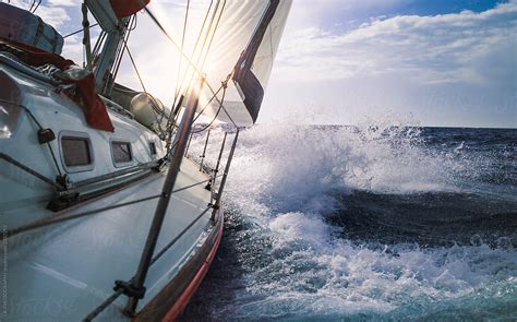 Sailing Yacht Sails On The Sea Sailboat Speeding Through Stormy Rough
