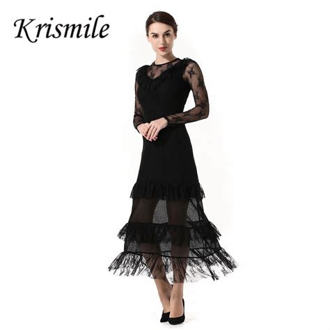 Black Lace Dress Hollow Out Mesh Sleeve Patchwork Ruffles Hem Dresses Floral Embroidered Party