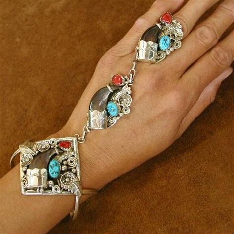 Slave Bracelet Navajo Indian Jewelry Turquoise Coral Bear Claw Silver