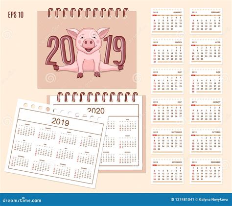 Spiral Desk Calendar Year 2019 2020 With Cute Piggy Stock Vector