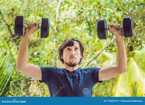 Bicep Curl Weight Training Fitness Man Outside Working Out Arms