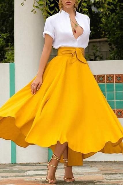 Womens Pleated Long Skirt High Waist Wpockets Yellow M Pleated