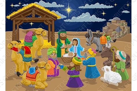 Nativity Christmas Scene Cartoon Animal Illustrations ~ Creative Market