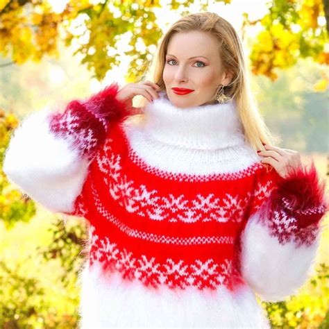 Handmade Fuzzy Mohair Sweater With Nordic Pattern Size S M L Xl