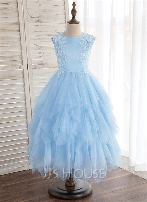 a line princess tea length flower girl dress satin tulle sleeveless scoop neck with lace