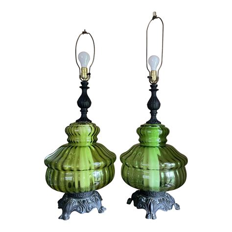 Mid Century Hollywood Regency Green Glass Lamps A Pair Chairish
