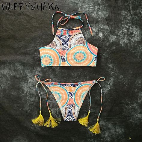 Happyshark 2018 New Tassel Bikinis Set Female Toem Printed Brazilian Biquinis Women Halter