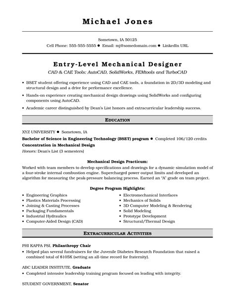 Sample Resume For An Entry Level Mechanical Designer