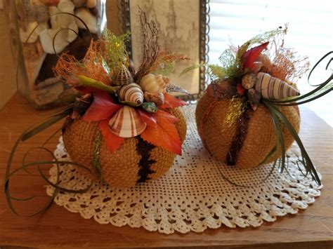 Casual elegance of burlap with shells for Fall pumpkin decor. | Pumpkin