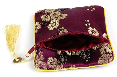 Chinese Silk Brocade Purple Blossom Coin Pouch Zipper Feng Shui Purse