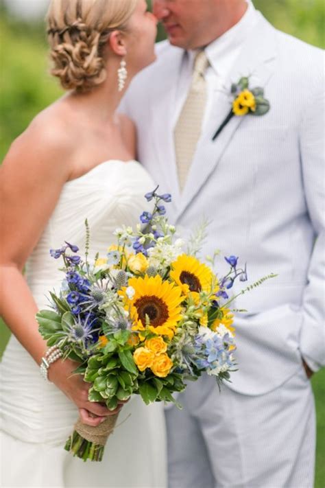 Dusty Blue And Sunflower Wedding Bouquets Blue And Yellow Bridal