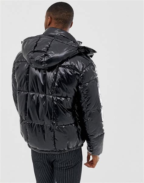 Calvin Klein Denim Shiny Detachable Hood Puffer Jacket In Black For Men