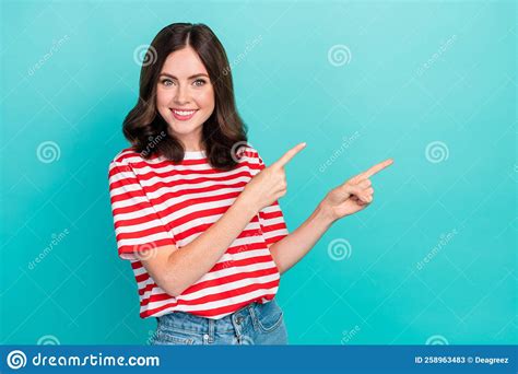 Portrait Photo Of Young Adorable Gorgeous Girlish Lady Wear Striped T