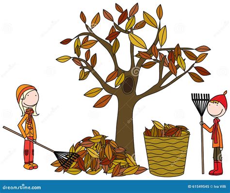 Happy Kids Raking Leaves Stock Vector Image 61549545