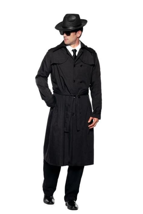 Long Black Spy Costume Trench Coat Mens Secret Agent Dress Up