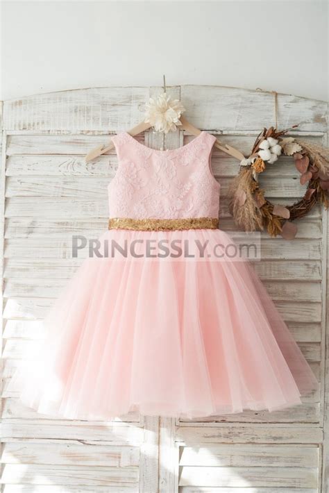 V Back Lace Tulle Pink Wedding Flower Girl Dress W Gold Sequin Belt Avivaly