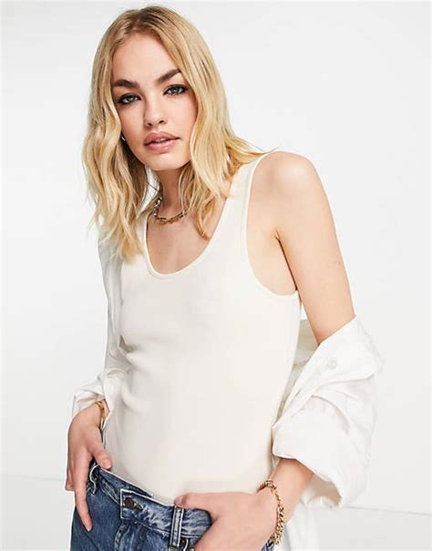 Asos Design Scoop Front And Back Body In Rib In Ecru Asos