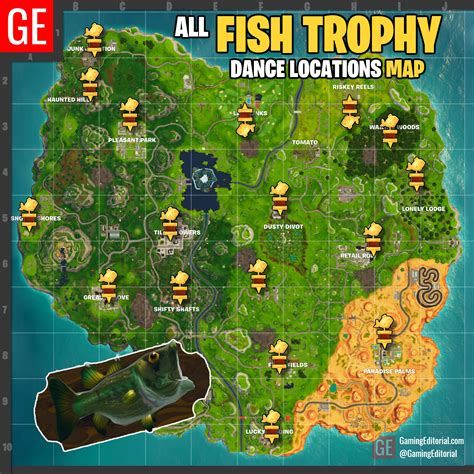 One the new island you will find a number of new named map locations. Fortnite All 'Fish Trophy' Locations Map - Week 8 Dance ...