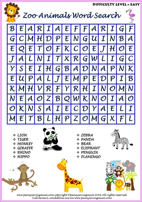 Zoo Animals Word Searches Easy And Hard Versions With Answers Penny