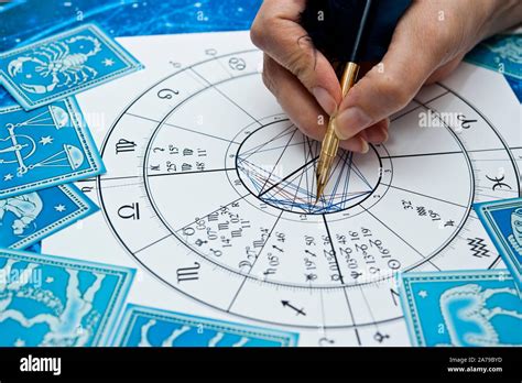 Hand Of An Astrologer Compiling An Astrology Chart With A Feather Pen