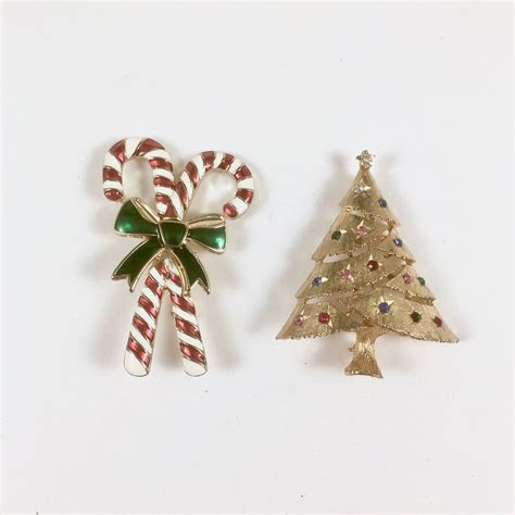 Brooch Pins Candy Cane Christmas Tree With Rhinestones Gold Etsy