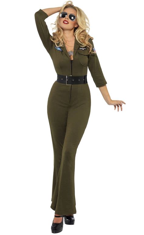 Khaki Green Flared Flightsuit Costume Top Gun Womens Costume