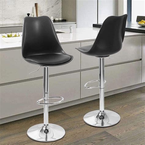 Set Of 2 High Back Chrome Bar Stool With Pu Leather Seat Pad Plastic