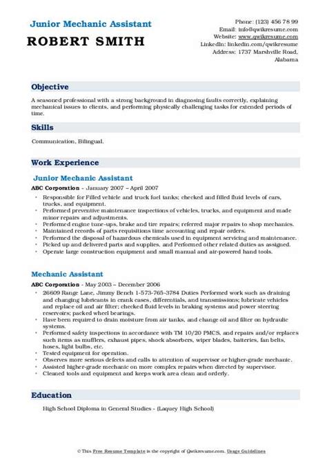 Mechanic Assistant Resume Samples Qwikresume