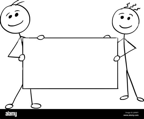 cartoon vector stick man stickman drawing of two smiling men holding a large empty sign stock