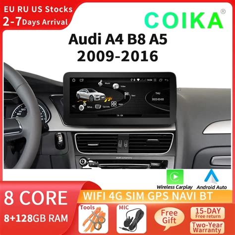 coika android 12 system car screen player for audi a4 b8 a5 2009 2017 gps navi multimedia stereo