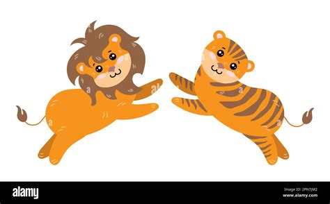 Cute Comic Lion Jumping Towards Tiger Vector Illustration Stock Vector Image And Art Alamy