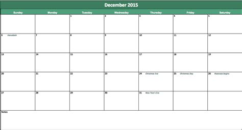 2015 Holiday Calendar My Excel Templates