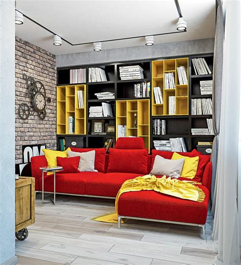 For a modern, sophisticated look, black and red will be the correct choice. Dynamic One-Room Apartment Interior for Young People ...