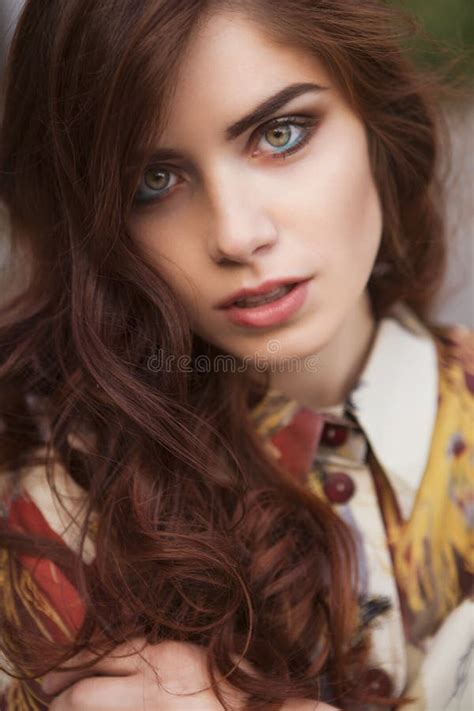 Young Beautiful Caucasian White Brunette Woman With Curly Hairst Stock