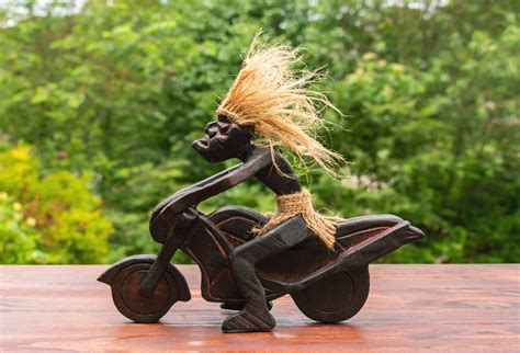 Wooden Primitive Motorsport Motorcycle Statue Sculpture Tiki Bar