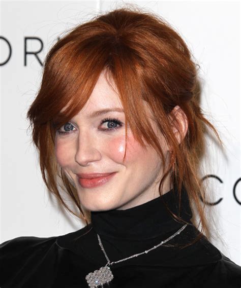 christina hendricks long straight dark copper red updo hairstyle with side swept bangs