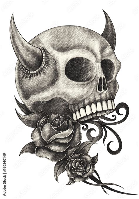 Art Devil Skull Tattoohand Pencil Drawing On Paper Stock Illustration