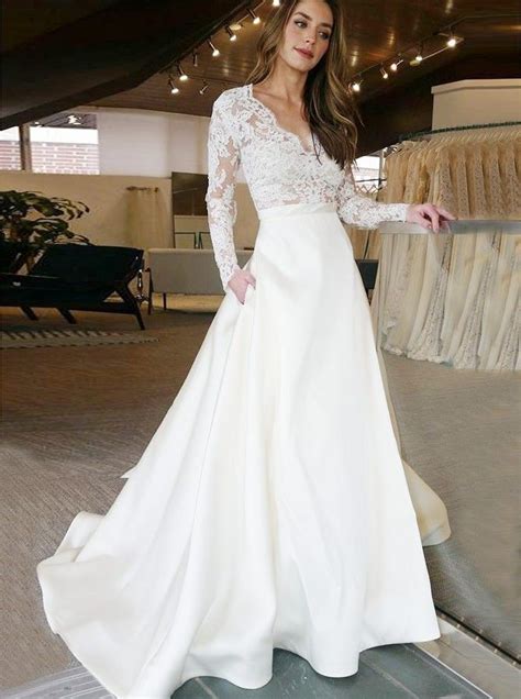 Maybe you would like to learn more about one of these? A-Line V-Neck Lace Long Sleeves Satin Wedding Dress with ...