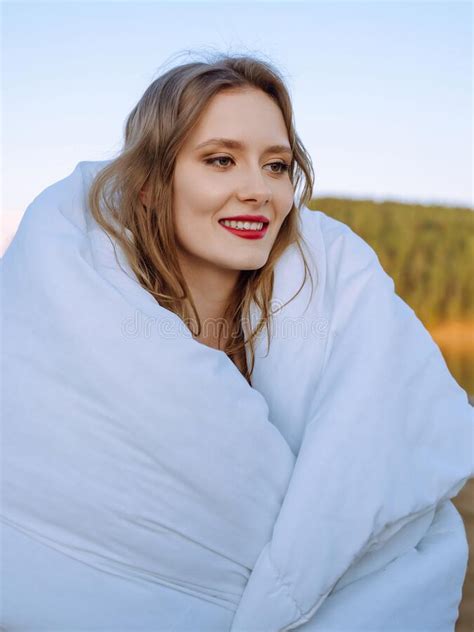 Young Bride Happy Wrapped In A White Blanket Stands On The Shore Beautiful Woman Gorgeous