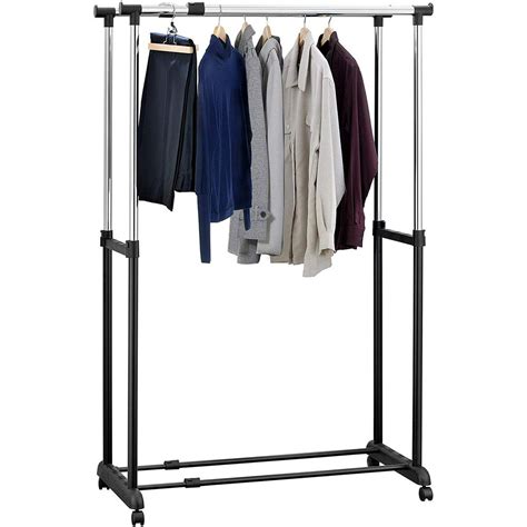 Double Rail Adjustable Rolling Garment Rack With Bottom Shelf Clothes