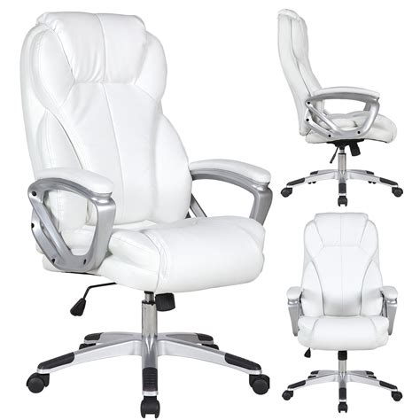 White High Back Office Chair Pu Leather Sled Base Ribbed Computer Desk
