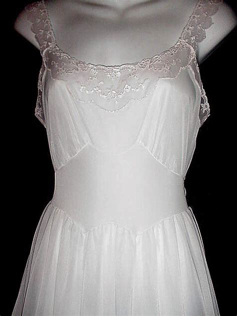 Romantic Floor Length Vintage Nightgown Elegant 100 Nylon Ivory White