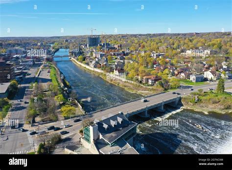 An Aerial Of The City Of Cambridge Ontario Canada By The Grand River